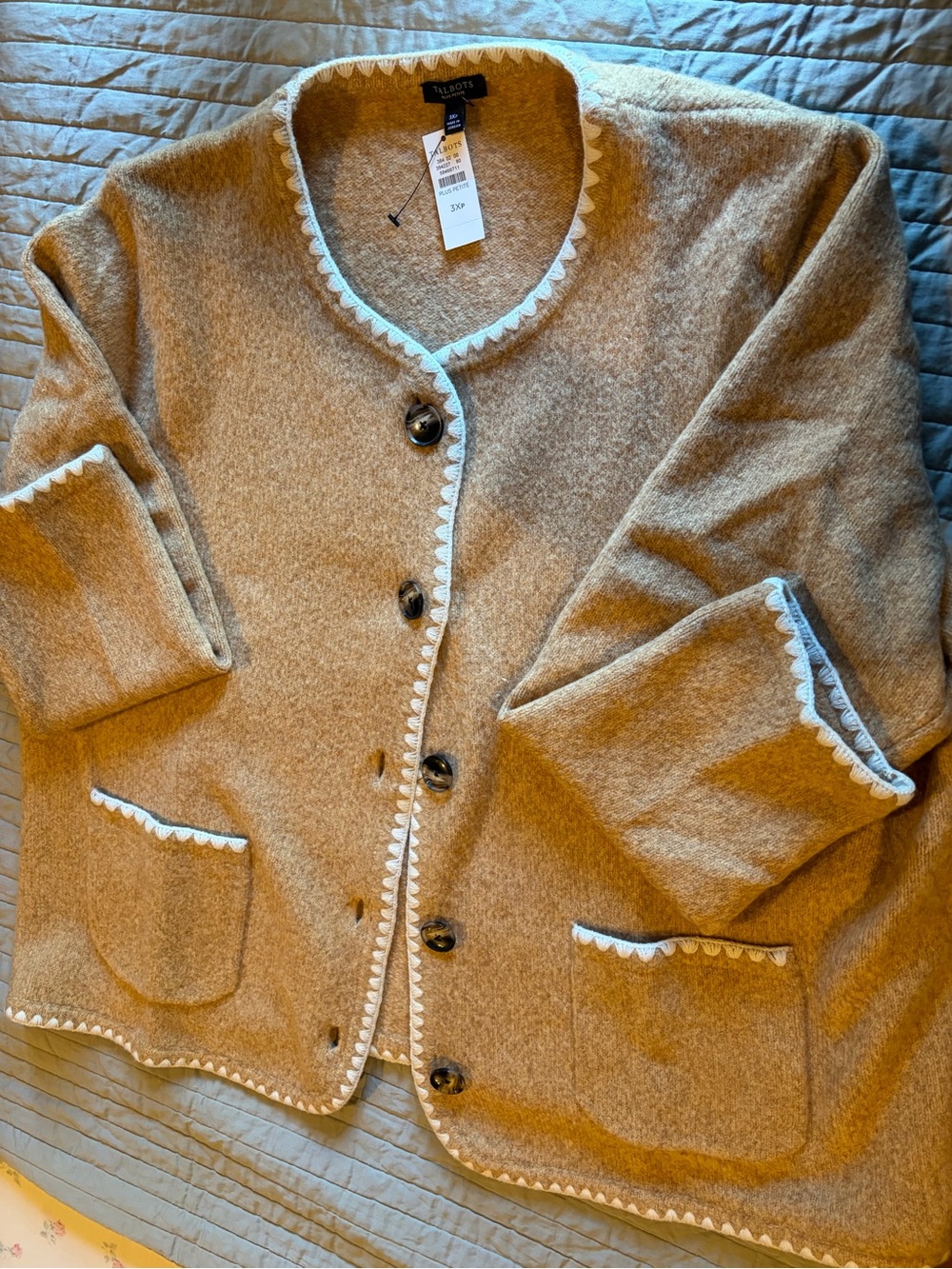 Talbots Camel Wool-Blend Cardigan with White Trim